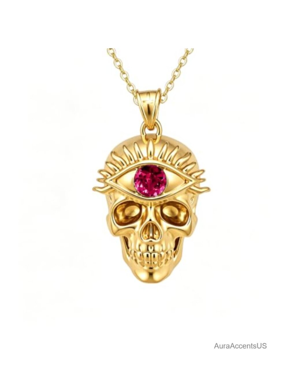 Gothic Skull Pendant Necklace Gold Plated All Seeing Eye Zirconia Chain